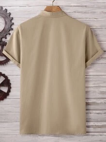 Manfinity Homme Camisa De Botones A La Mitad Para Hombres Con Bolsillo Parchado - Caqui - Ver 2