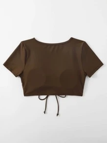 Drawstring Front Bikini Top, For Summer Beach Vacation - Coffee Brown - View 2