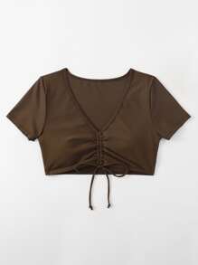 Drawstring Front Bikini Top, For Summer Beach Vacation - Coffee Brown - View 3