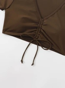 Drawstring Front Bikini Top, For Summer Beach Vacation - Coffee Brown - View 5