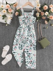 SHEIN Jumpsuit bé gái Nút viền lá sen Hoa Thực vật Boho - Nhiều màu - Xem 2