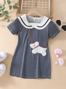 SHEIN Toddler Girls Dog Pattern Patched Striped Sailor Collar Dress - Blue and White - View 1