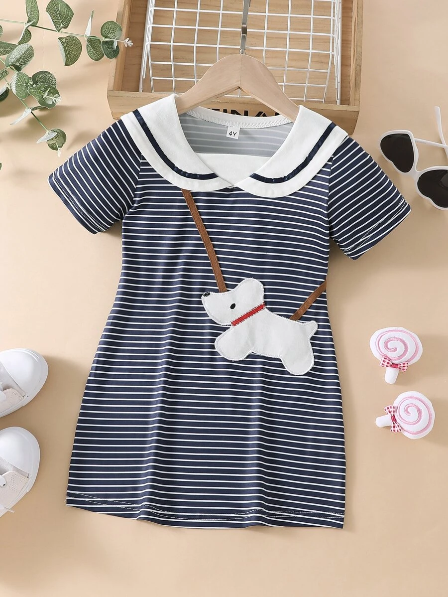 SHEIN Toddler Girls Dog Pattern Patched Striped Sailor Collar Dress - Blue and White - View 1