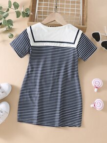 SHEIN Toddler Girls Dog Pattern Patched Striped Sailor Collar Dress - Blue and White - View 2