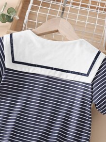 SHEIN Toddler Girls Dog Pattern Patched Striped Sailor Collar Dress - Blue and White - View 3