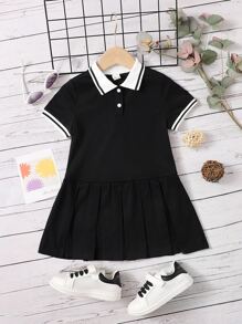 SHEIN Đầm bé gái Nút Tương phản ren Xếp li Sọc Sẵn sàng - màu đen - Xem 1