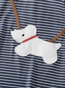 SHEIN Toddler Girls Dog Pattern Patched Striped Sailor Collar Dress - Blue and White - View 4