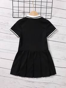 SHEIN Đầm bé gái Nút Tương phản ren Xếp li Sọc Sẵn sàng - màu đen - Xem 2