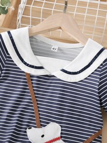 SHEIN Toddler Girls Dog Pattern Patched Striped Sailor Collar Dress - Blue and White - View 5