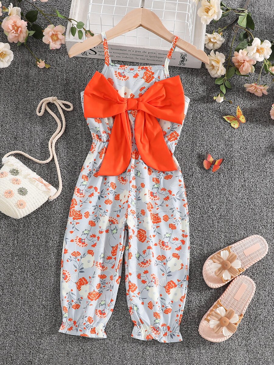 SHEIN Jumpsuit bé gái Xù Nơ bướm lớn Hoa Boho - Nhiều màu - Xem 1