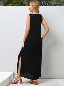 SHEIN Maternity Button Front Slit Hem Tank Dress - Black - View 2