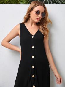 SHEIN Maternity Button Front Slit Hem Tank Dress - Black - View 4