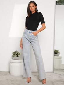 SHEIN Privé 小高領條紋針織T恤 - 黑色 - 查看 2