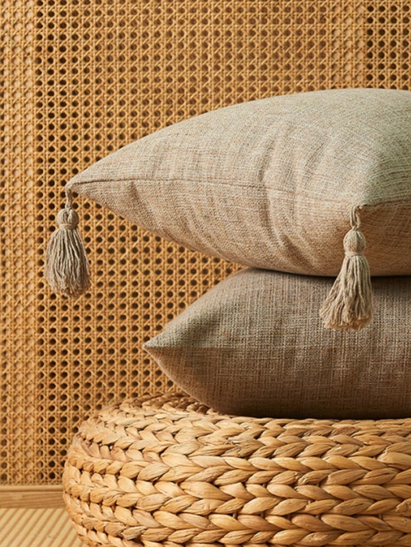 1pc Solid Cushion Cover Without Filler, Linen Tassel Decor Square Throw Pillow Cover For Bedroom Sofa Home Decoration