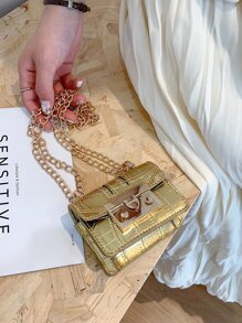 Bolso De Hombro/cruzado Minimalista Con Cadena Y Estampado De Cocodrilo En Miniatura - Dorado - Ver 2