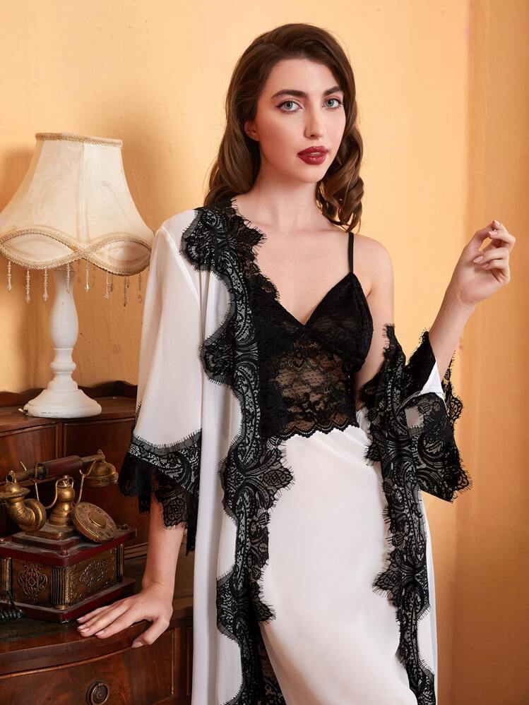 SHEIN Lace Trim Belted Night Robe Without Cami Dress - White - View 5