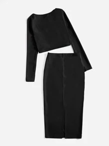 Mulvari Solid Crop Top & Split Hem Pencil Skirt Set 2 Piece Set - Black - View 3