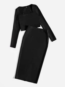 Mulvari Solid Crop Top & Split Hem Pencil Skirt Set 2 Piece Set - Black - View 5