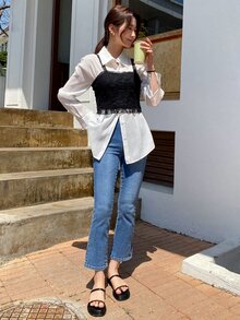 DAZY Top de tirantes con encaje en contraste sin camisa - Negro - Ver 8