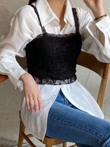 DAZY Top de tirantes con encaje en contraste sin camisa - Negro - Ver 9