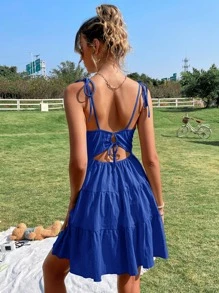 SHEIN VCAY Textured Tie Shoulder Ruffle Hem Cami Dress - Blue - View 4