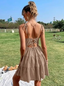 Soleia Vestido de tirantes con textura de hombros con cordón bajo con fruncido - Caqui - Ver 4