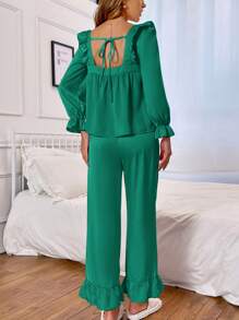 Button Front Ruffle Trim Blouse & Pants PJ Set