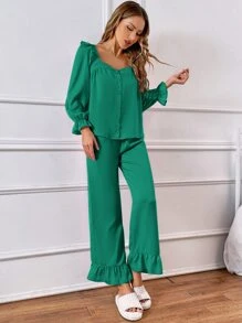 Button Front Ruffle Trim Blouse & Pants PJ Set