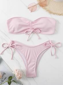 SHEIN Swim 夏日沙灘系帶前打結頂級比基尼 - 淺粉色 - 查看 4