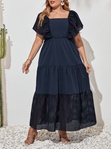 Mulvari Vestido de cuello cuadrado de manga mariposa bajo con fruncido - Azul Marino - Ver 1