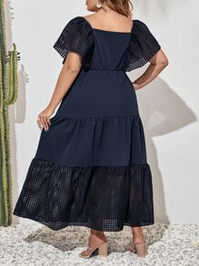 Mulvari Vestido de cuello cuadrado de manga mariposa bajo con fruncido - Azul Marino - Ver 2