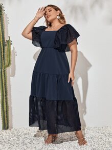 Mulvari Vestido de cuello cuadrado de manga mariposa bajo con fruncido - Azul Marino - Ver 4