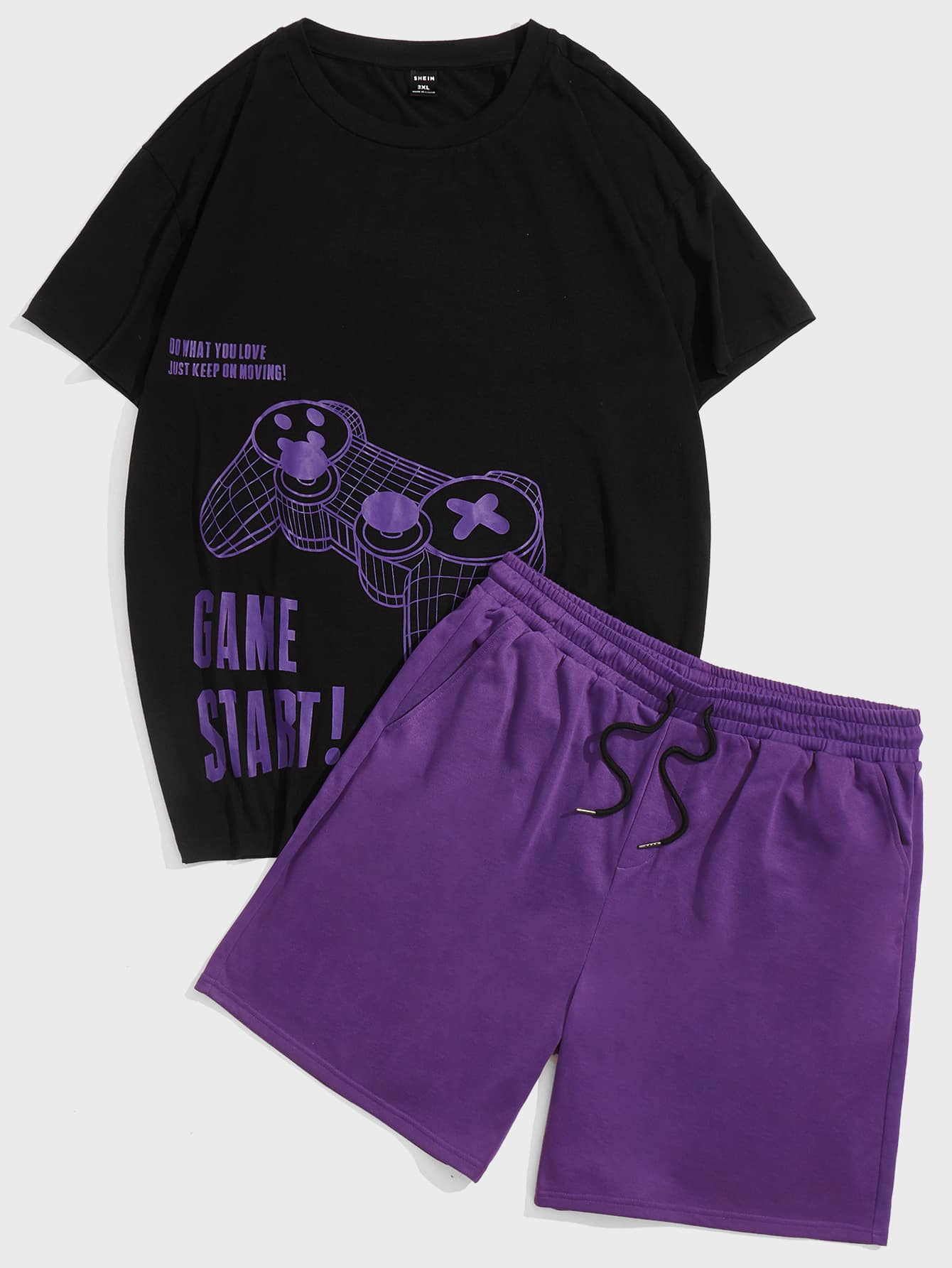 Manfinity VCAY 1pc Men Plus Size Loose Fit Gamepad & Slogan Graphic Print T-Shirt And Drawstring Waist Shorts Set - Violet Purple - View 1