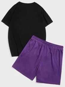 Manfinity VCAY 1pc Men Plus Size Loose Fit Gamepad & Slogan Graphic Print T-Shirt And Drawstring Waist Shorts Set - Violet Purple - View 2