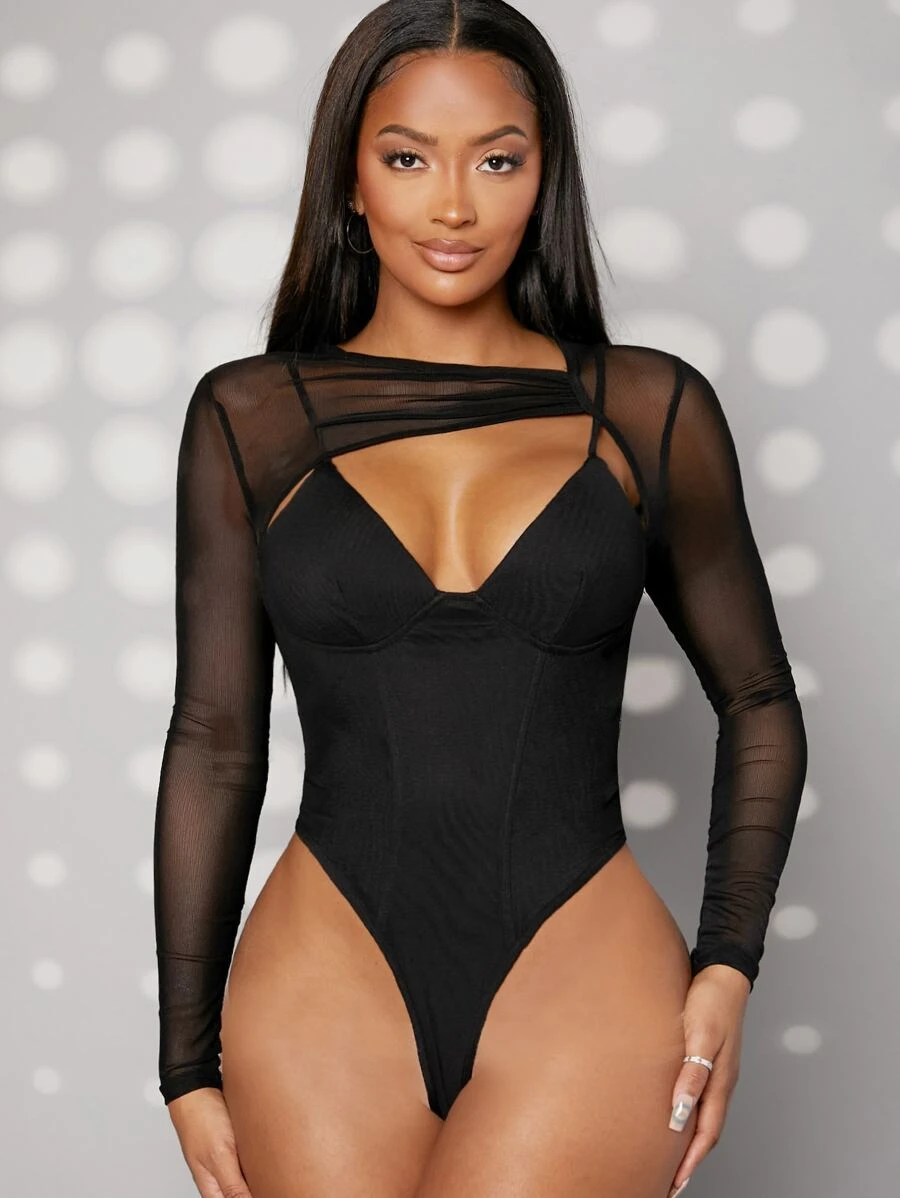 Sheer Mesh Cutout Bodysuit - Black - View 1