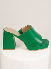 PU Leather Open Toe Chunky Block Heel Sandals - Green - View 2
