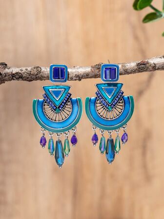 1 Pair Handmade Bohemian Enamel Crystal Earrings, Asymmetrical Shapes & Colors, Random Floral Pattern And Color Placement