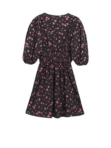 Vestido floral de manga farol fruncido - Negro - Ver 2