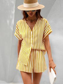 Striped Batwing Sleeve Blouse & Shorts - Yellow - View 3