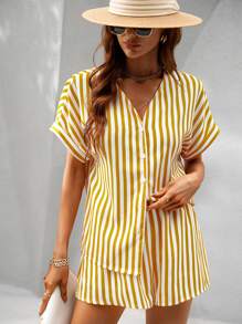 Striped Batwing Sleeve Blouse & Shorts - Yellow - View 7