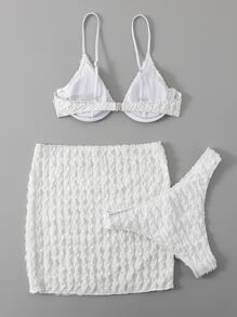 SHEIN Swim Summer Beach Textured Bikini Set Underwire Bra Top & Bikini Bottom & Skirt 3 Pieces Bikini - White - View 2