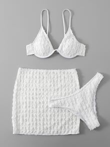 SHEIN Swim Summer Beach Textured Bikini Set Underwire Bra Top & Bikini Bottom & Skirt 3 Pieces Bikini - White - View 5