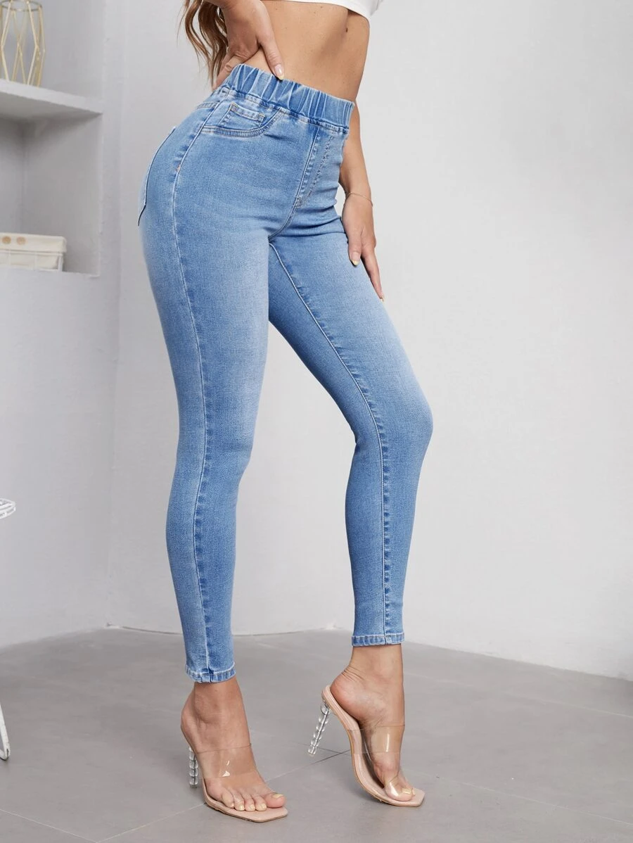 SHEIN Essnce 高腰緊身牛仔褲 - 淺色水洗藍 - 查看 1