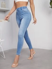 SHEIN Essnce 高腰緊身牛仔褲 - 淺色水洗藍 - 查看 4