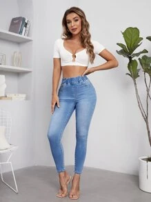 SHEIN Essnce 高腰緊身牛仔褲 - 淺色水洗藍 - 查看 5