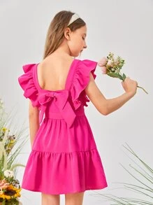 SHEIN Leap Crew Vestido De Manga De Volantes Con Cuello Cuadrado Y Lazo Para Niña Adolescente - Rosa Fucsia - Ver 1