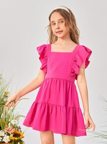 SHEIN Leap Crew Vestido De Manga De Volantes Con Cuello Cuadrado Y Lazo Para Niña Adolescente - Rosa Fucsia - Ver 2