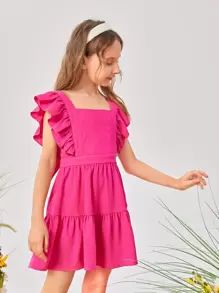 SHEIN Leap Crew Vestido De Manga De Volantes Con Cuello Cuadrado Y Lazo Para Niña Adolescente - Rosa Fucsia - Ver 5