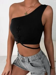 Lace Up Tie Back One Shoulder Crop Top - Black - View 4