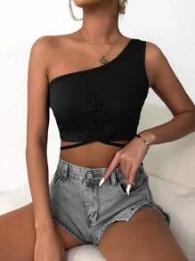 Lace Up Tie Back One Shoulder Crop Top - Black - View 6